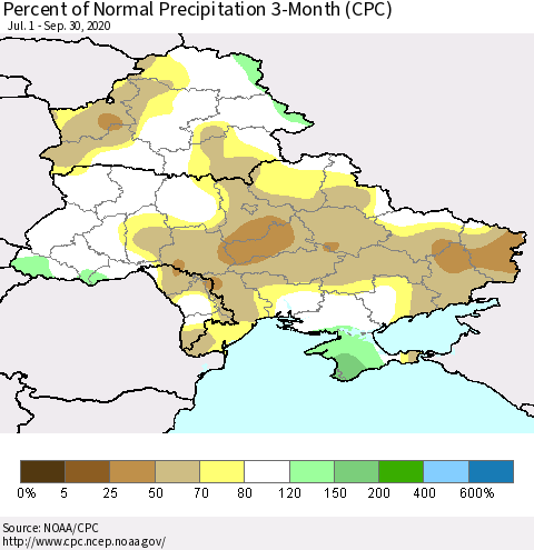 Ukraine, Moldova and Belarus Percent of Normal Precipitation 3-Month (CPC) Thematic Map For 7/1/2020 - 9/30/2020