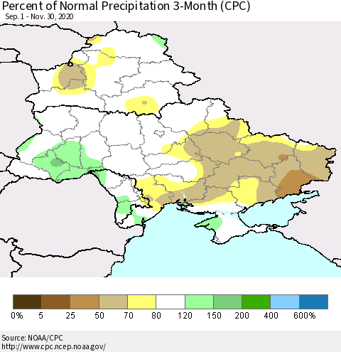 Ukraine, Moldova and Belarus Percent of Normal Precipitation 3-Month (CPC) Thematic Map For 9/1/2020 - 11/30/2020