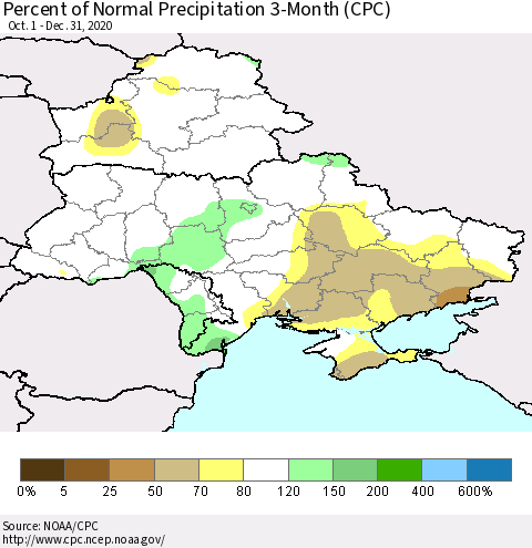 Ukraine, Moldova and Belarus Percent of Normal Precipitation 3-Month (CPC) Thematic Map For 10/1/2020 - 12/31/2020