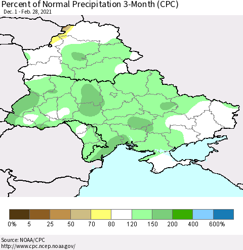 Ukraine, Moldova and Belarus Percent of Normal Precipitation 3-Month (CPC) Thematic Map For 12/1/2020 - 2/28/2021
