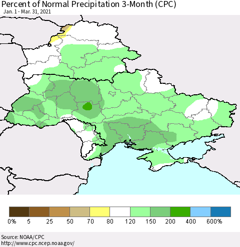 Ukraine, Moldova and Belarus Percent of Normal Precipitation 3-Month (CPC) Thematic Map For 1/1/2021 - 3/31/2021