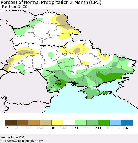 Ukraine, Moldova and Belarus Percent of Normal Precipitation 3-Month (CPC) Thematic Map For 5/1/2021 - 7/31/2021