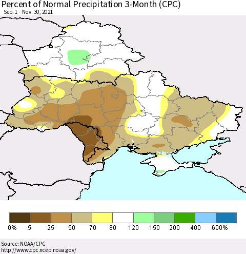 Ukraine, Moldova and Belarus Percent of Normal Precipitation 3-Month (CPC) Thematic Map For 9/1/2021 - 11/30/2021