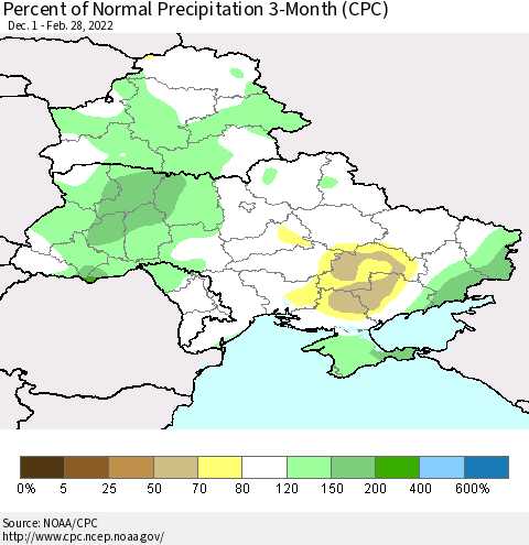 Ukraine, Moldova and Belarus Percent of Normal Precipitation 3-Month (CPC) Thematic Map For 12/1/2021 - 2/28/2022