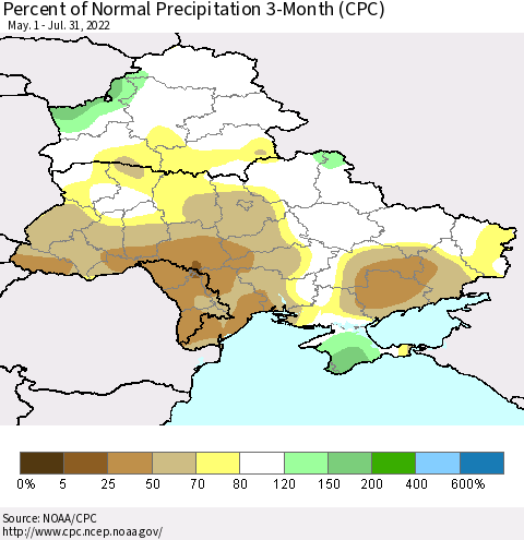Ukraine, Moldova and Belarus Percent of Normal Precipitation 3-Month (CPC) Thematic Map For 5/1/2022 - 7/31/2022