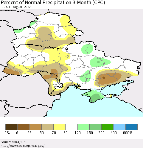 Ukraine, Moldova and Belarus Percent of Normal Precipitation 3-Month (CPC) Thematic Map For 6/1/2022 - 8/31/2022