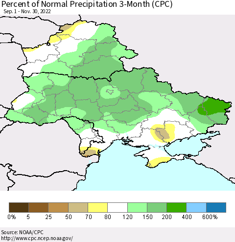 Ukraine, Moldova and Belarus Percent of Normal Precipitation 3-Month (CPC) Thematic Map For 9/1/2022 - 11/30/2022