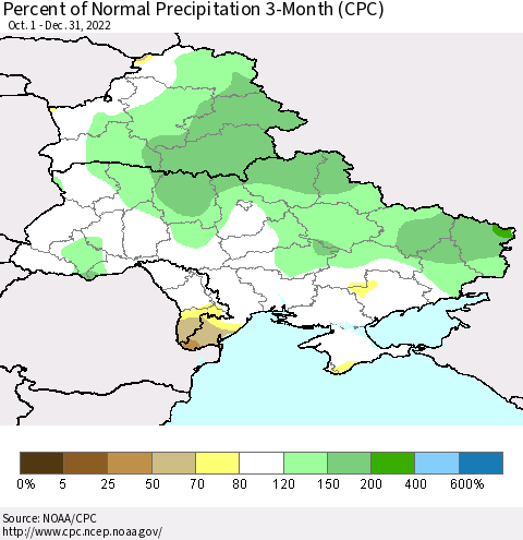 Ukraine, Moldova and Belarus Percent of Normal Precipitation 3-Month (CPC) Thematic Map For 10/1/2022 - 12/31/2022