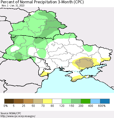 Ukraine, Moldova and Belarus Percent of Normal Precipitation 3-Month (CPC) Thematic Map For 11/1/2022 - 1/31/2023