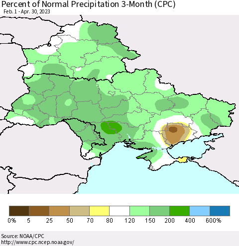 Ukraine, Moldova and Belarus Percent of Normal Precipitation 3-Month (CPC) Thematic Map For 2/1/2023 - 4/30/2023
