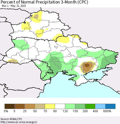 Ukraine, Moldova and Belarus Percent of Normal Precipitation 3-Month (CPC) Thematic Map For 3/1/2023 - 5/31/2023