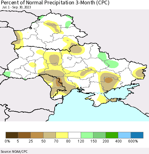 Ukraine, Moldova and Belarus Percent of Normal Precipitation 3-Month (CPC) Thematic Map For 7/1/2023 - 9/30/2023