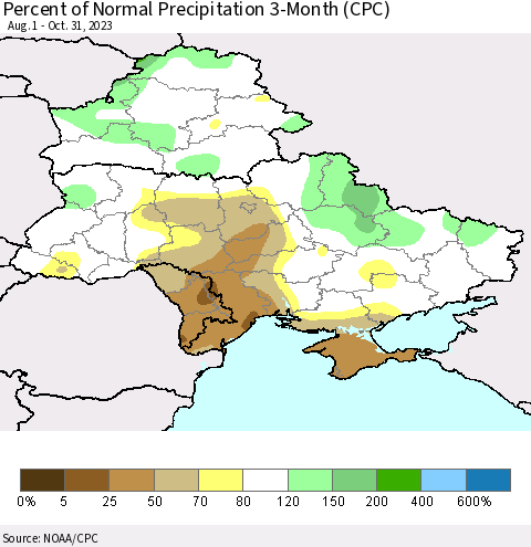 Ukraine, Moldova and Belarus Percent of Normal Precipitation 3-Month (CPC) Thematic Map For 8/1/2023 - 10/31/2023