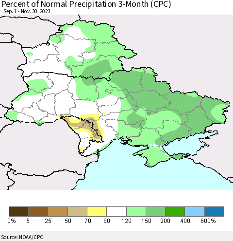 Ukraine, Moldova and Belarus Percent of Normal Precipitation 3-Month (CPC) Thematic Map For 9/1/2023 - 11/30/2023
