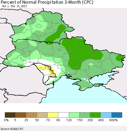 Ukraine, Moldova and Belarus Percent of Normal Precipitation 3-Month (CPC) Thematic Map For 10/1/2023 - 12/31/2023