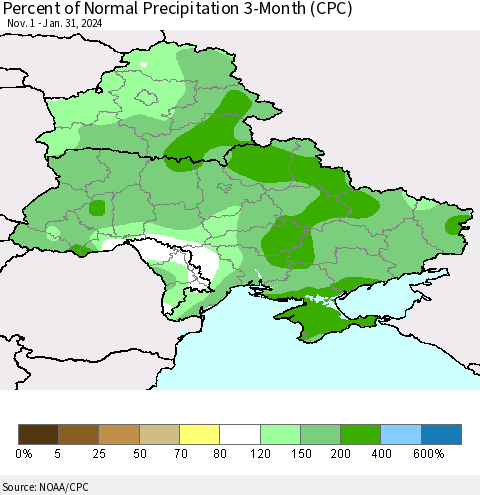 Ukraine, Moldova and Belarus Percent of Normal Precipitation 3-Month (CPC) Thematic Map For 11/1/2023 - 1/31/2024