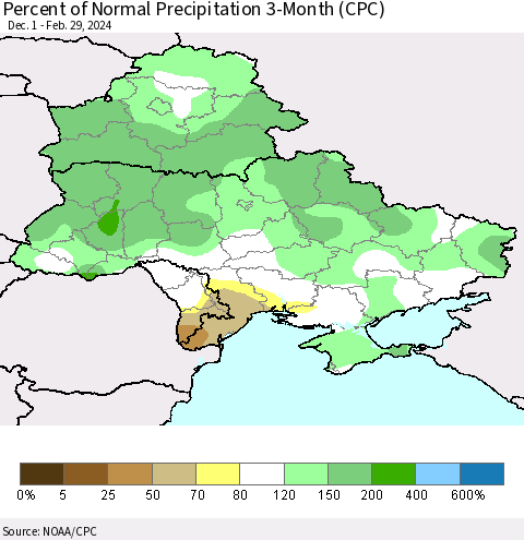 Ukraine, Moldova and Belarus Percent of Normal Precipitation 3-Month (CPC) Thematic Map For 12/1/2023 - 2/29/2024