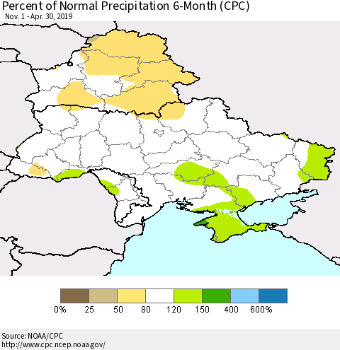 Ukraine, Moldova and Belarus Percent of Normal Precipitation 6-Month (CPC) Thematic Map For 11/1/2018 - 4/30/2019