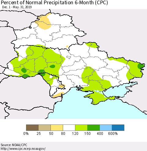 Ukraine, Moldova and Belarus Percent of Normal Precipitation 6-Month (CPC) Thematic Map For 12/1/2018 - 5/31/2019