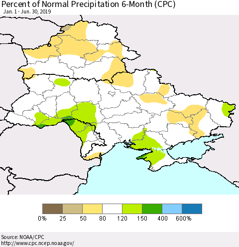 Ukraine, Moldova and Belarus Percent of Normal Precipitation 6-Month (CPC) Thematic Map For 1/1/2019 - 6/30/2019
