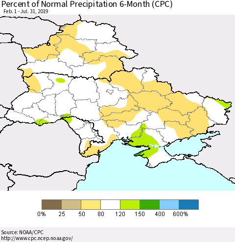 Ukraine, Moldova and Belarus Percent of Normal Precipitation 6-Month (CPC) Thematic Map For 2/1/2019 - 7/31/2019