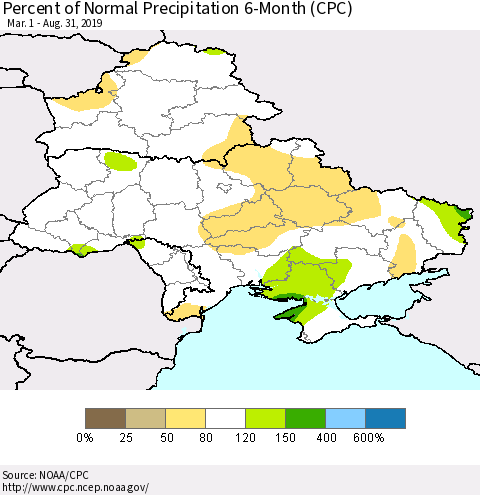 Ukraine, Moldova and Belarus Percent of Normal Precipitation 6-Month (CPC) Thematic Map For 3/1/2019 - 8/31/2019