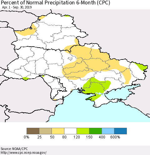 Ukraine, Moldova and Belarus Percent of Normal Precipitation 6-Month (CPC) Thematic Map For 4/1/2019 - 9/30/2019
