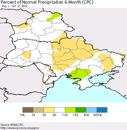 Ukraine, Moldova and Belarus Percent of Normal Precipitation 6-Month (CPC) Thematic Map For 5/1/2019 - 10/31/2019