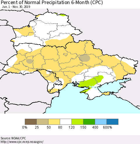 Ukraine, Moldova and Belarus Percent of Normal Precipitation 6-Month (CPC) Thematic Map For 6/1/2019 - 11/30/2019