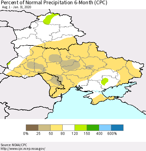 Ukraine, Moldova and Belarus Percent of Normal Precipitation 6-Month (CPC) Thematic Map For 8/1/2019 - 1/31/2020