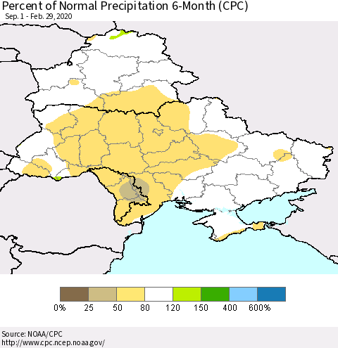 Ukraine, Moldova and Belarus Percent of Normal Precipitation 6-Month (CPC) Thematic Map For 9/1/2019 - 2/29/2020