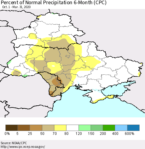 Ukraine, Moldova and Belarus Percent of Normal Precipitation 6-Month (CPC) Thematic Map For 10/1/2019 - 3/31/2020