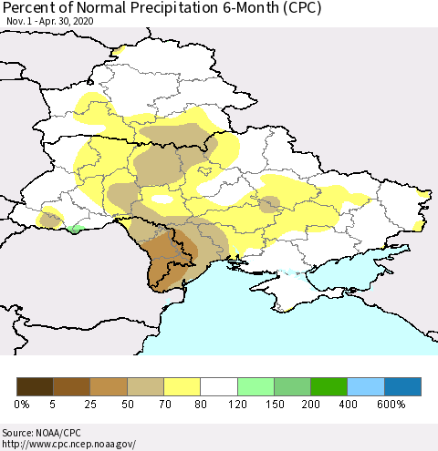Ukraine, Moldova and Belarus Percent of Normal Precipitation 6-Month (CPC) Thematic Map For 11/1/2019 - 4/30/2020