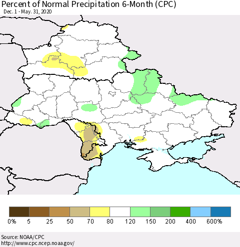 Ukraine, Moldova and Belarus Percent of Normal Precipitation 6-Month (CPC) Thematic Map For 12/1/2019 - 5/31/2020