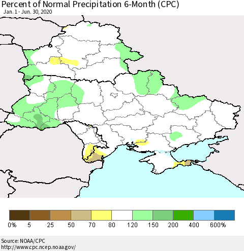 Ukraine, Moldova and Belarus Percent of Normal Precipitation 6-Month (CPC) Thematic Map For 1/1/2020 - 6/30/2020