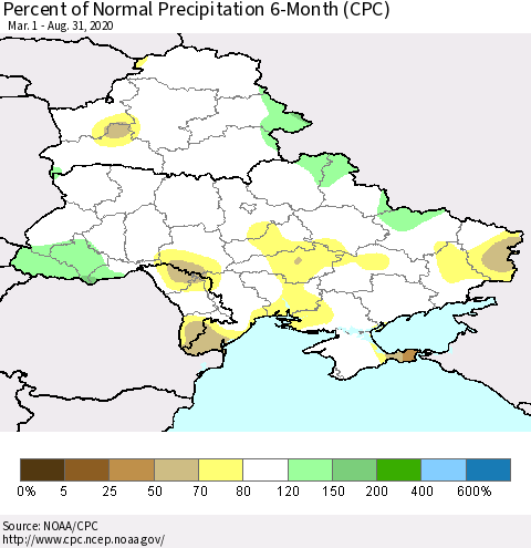 Ukraine, Moldova and Belarus Percent of Normal Precipitation 6-Month (CPC) Thematic Map For 3/1/2020 - 8/31/2020