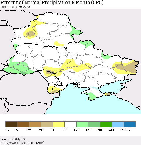 Ukraine, Moldova and Belarus Percent of Normal Precipitation 6-Month (CPC) Thematic Map For 4/1/2020 - 9/30/2020