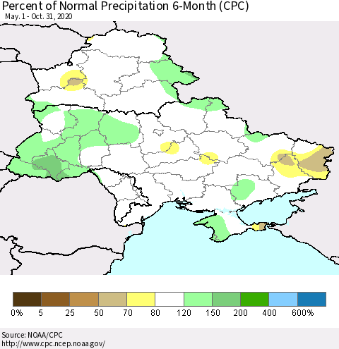 Ukraine, Moldova and Belarus Percent of Normal Precipitation 6-Month (CPC) Thematic Map For 5/1/2020 - 10/31/2020