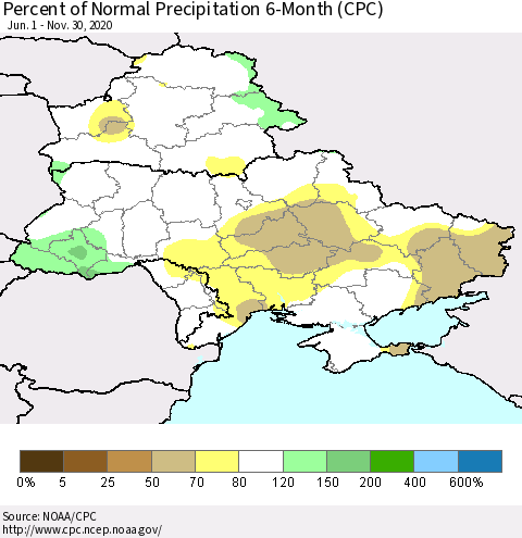 Ukraine, Moldova and Belarus Percent of Normal Precipitation 6-Month (CPC) Thematic Map For 6/1/2020 - 11/30/2020