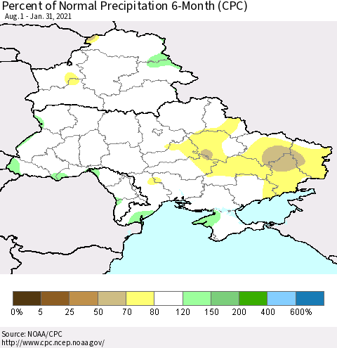 Ukraine, Moldova and Belarus Percent of Normal Precipitation 6-Month (CPC) Thematic Map For 8/1/2020 - 1/31/2021