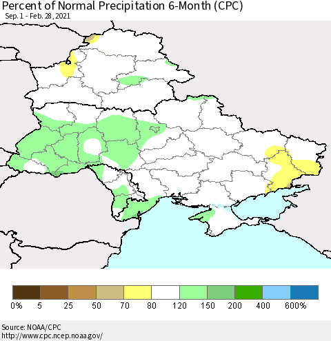 Ukraine, Moldova and Belarus Percent of Normal Precipitation 6-Month (CPC) Thematic Map For 9/1/2020 - 2/28/2021