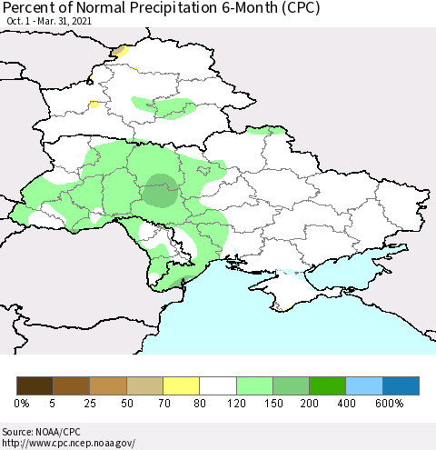 Ukraine, Moldova and Belarus Percent of Normal Precipitation 6-Month (CPC) Thematic Map For 10/1/2020 - 3/31/2021