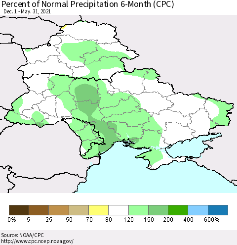 Ukraine, Moldova and Belarus Percent of Normal Precipitation 6-Month (CPC) Thematic Map For 12/1/2020 - 5/31/2021