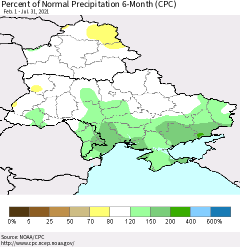 Ukraine, Moldova and Belarus Percent of Normal Precipitation 6-Month (CPC) Thematic Map For 2/1/2021 - 7/31/2021