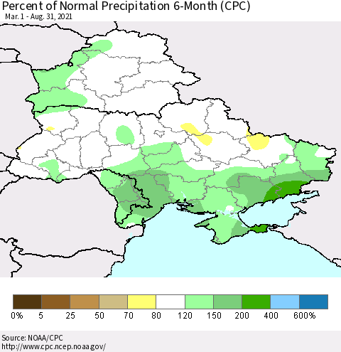 Ukraine, Moldova and Belarus Percent of Normal Precipitation 6-Month (CPC) Thematic Map For 3/1/2021 - 8/31/2021