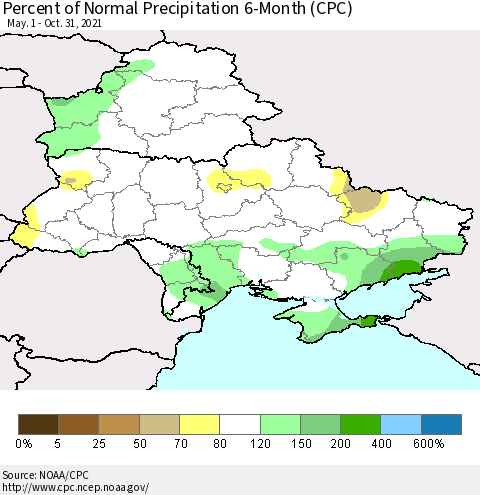 Ukraine, Moldova and Belarus Percent of Normal Precipitation 6-Month (CPC) Thematic Map For 5/1/2021 - 10/31/2021