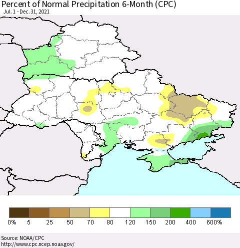 Ukraine, Moldova and Belarus Percent of Normal Precipitation 6-Month (CPC) Thematic Map For 7/1/2021 - 12/31/2021