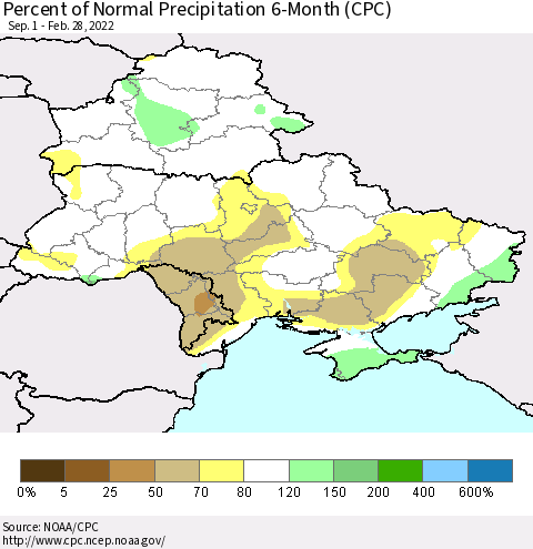 Ukraine, Moldova and Belarus Percent of Normal Precipitation 6-Month (CPC) Thematic Map For 9/1/2021 - 2/28/2022