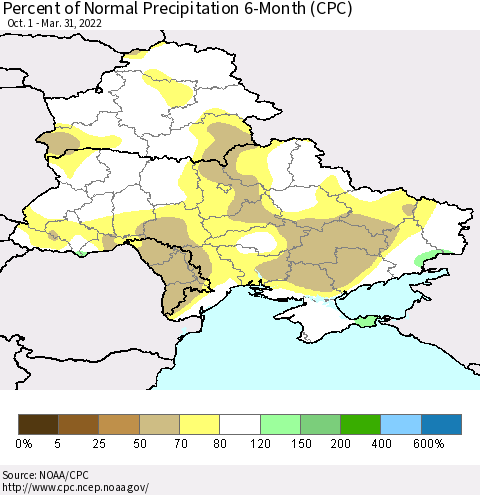 Ukraine, Moldova and Belarus Percent of Normal Precipitation 6-Month (CPC) Thematic Map For 10/1/2021 - 3/31/2022