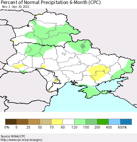 Ukraine, Moldova and Belarus Percent of Normal Precipitation 6-Month (CPC) Thematic Map For 11/1/2021 - 4/30/2022